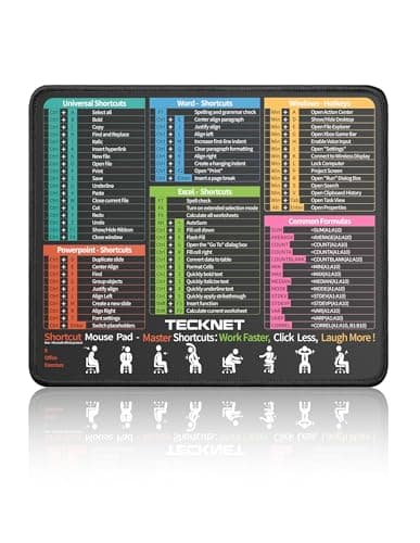 TECKNET Mouse Pad for Excel Word PowerPoint Windows Shortcuts | Excel Cheat Sheet Desk Pad-11.6x9.8 Inch, Non-Slip Waterproof Office Desk Mat, Portable, Durable, Clear Printing, Black