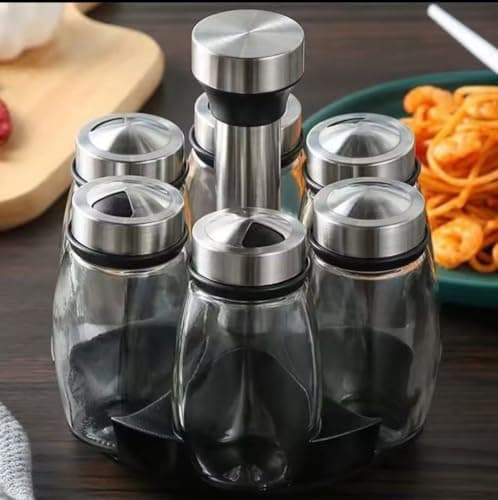 Generic Glass Spice Jars Set with Rotating Stand, Stainless Steel Lids, 6-Piece, .kl Food storage container
