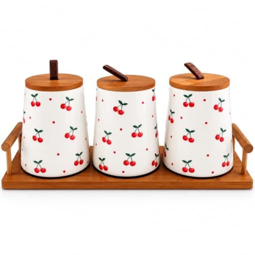 Ceramic Spice Jar Set of 3 with Bamboo Lids and Wooden Tray | Cherry Pattern Design, Includes 3 Spoons, Salt, Sugar & Tea Use, Rectangular Serving Tray, Porcelain Canisters