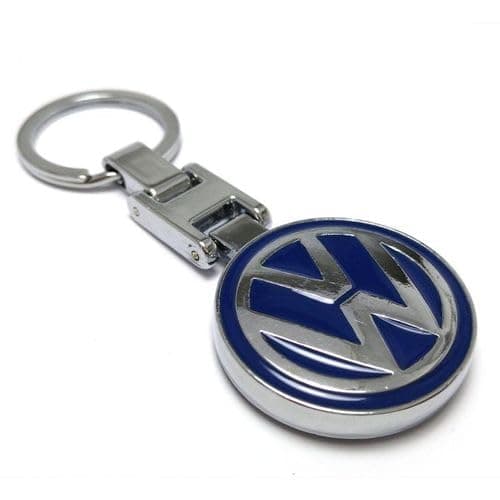 ميدالية مفاتيح معدنية بشعار (VW)، باللونين الفضي والأزرق | Chrome Finish, Round Pendant, Car Key Accessory, Swivel Clasp, VW Emblem Design Keychain