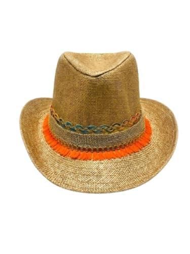 Women Summer Hat Linen Cowboy Beach Hat Multi Shapes | Multi pattern design, orange trim strip, suitable for summers, light linen material, bohemian style