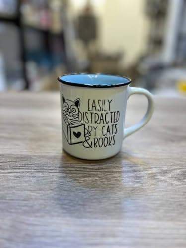 Generic Porcelain Mug with Cat Book Design, Motivational Quote, Enamel Style with Black Rim, Interior, Ceramic.
