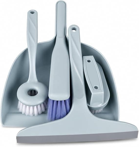 5 in 1 Household Cleaning Kit with Dustpan, Glass Wiper and 3 Cleaning Brushes, Practical Design, Ergonomic Handles, Durable Bristles, Suitable for Kitchen, Surfaces, Glass, Easy to Store.