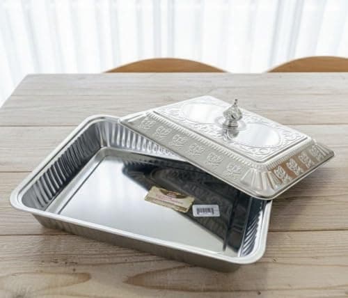 Generic Rectangular Stainless Steel Serving Tray with Decorative Lid, for Kabsa, Mandi, Fatteh, Silver .db