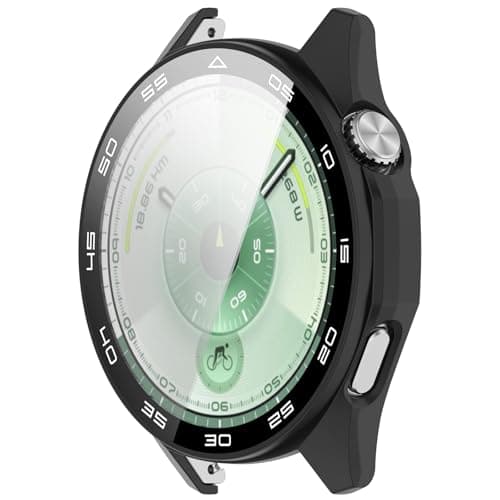 Disscool Full Coverage Case with Screen Protector Compatible with Huawei Watch GT6 46mm PC and Real Glass Protective Case Cover Smart Watch Accessories(Black/Scale Style) Portable electronic device cover