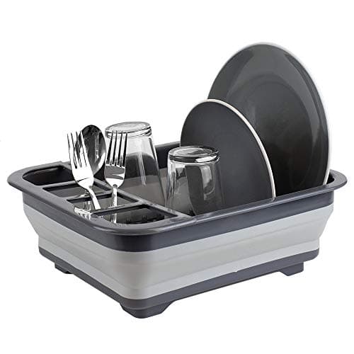 Home Basics Silicone and Plastic Easy Storage Collapsible Dish Rack with Cutlery Holder (Grey) Drying rack