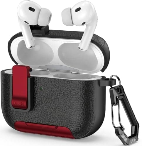 Foldable Stand Case, Premium Shockproof Leather Protective Case (Compatible with AirPods Pro 3 Generation (2025) with Keychain For AirPods Pro 3 (Black/Red) Portable electronic device cover