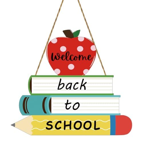 YUNKKIN Welcome Back to School Sign Classroom Door Decorations Apple Book Pencil Wall Decor Wooden Front Door Hanger Wreath for First Day of School Bulletin Board Teacher Supplies Indoor Decor