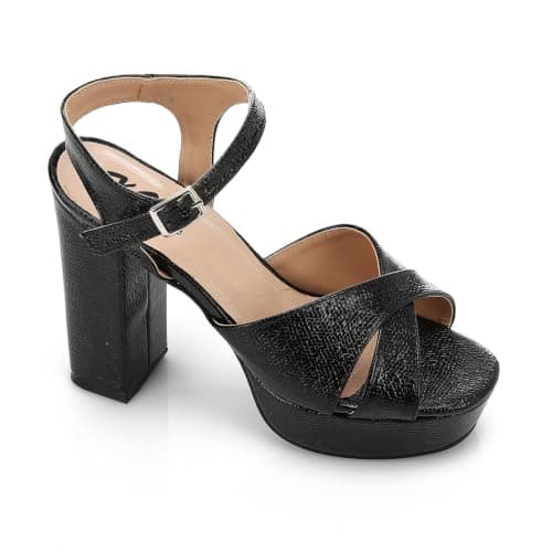 Women's Block Heel Metallic Sandals - Croc Pattern - Black | Soft Inner Cushioning, Formal & Party Wear, Metallic Finish, Timeless Classic Style, Lightweight & Durable