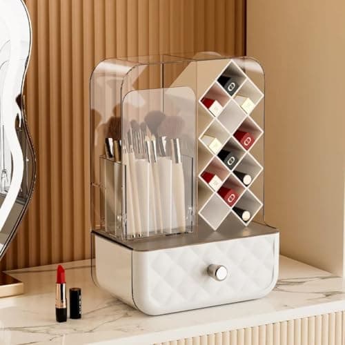 Generic Makeup Organiser, Transparent, with Brush Holder, Lipstick Slots and Bottom Drawer, 28.7x19.8x11.8 cm, .Ais