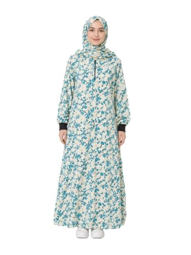 Women's Floral Print ISDAL with Hijab, Long Sleeve, Modest Islamic Dress-Beige - One Size