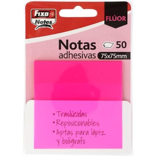 Fixo Notes | Transparent Sticky Notes | 50 Notes 75 x 75 mm | Plastic | Neon Fuchsia Pink | Reusable and Waterproof | Perfect for School Books and Office Documents Self stick note
