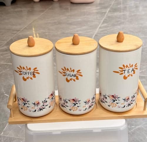 Generic Ceramic Coffee, Sugar, and Tea Canister Set with Bamboo Lids and Tray, Floral Design, 3 Pieces, .soh Food storage container