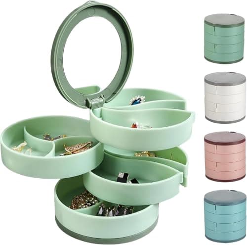 4-Layer Rotating Jewelry Organizer Case with Mirror and Storage Dividers