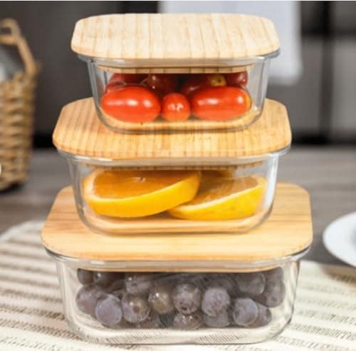 Generic Square Glass Food Storage Containers with Bamboo Lids, 3-Piece Set, 390ml, 520ml, and 800ml, .ar