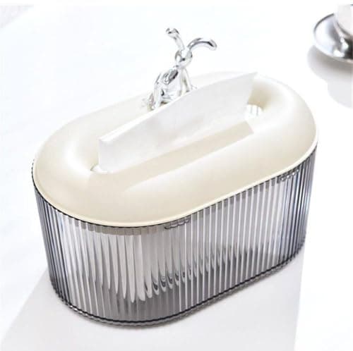 Generic Decorative Tissue Box with Lid, Ribbed Acrylic, Oval Shape, Silver and Cream, Sealed Cover, .sew Facial tissue holder