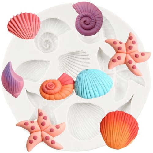 QDMOLDS Marine Theme Cake Fondant Silicone Mold Seashell Conch Starfish Baking Molds for Cake Decorating Cupcake Topper Candy Chocolate Gum Paste Polymer Clay