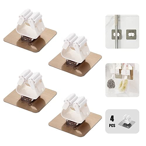 Self-Adhesive Mop Holder,Broom Wall Mounted Rack,Sweeper Gripper Hanger,Cleaning Tools Sticker Hook,Bathroom/Kitchen/Toilet/Garage/Garden Organization Gadget,No Drilling/Strong Bearing/Anti-Slip(4pcs) Storage hook