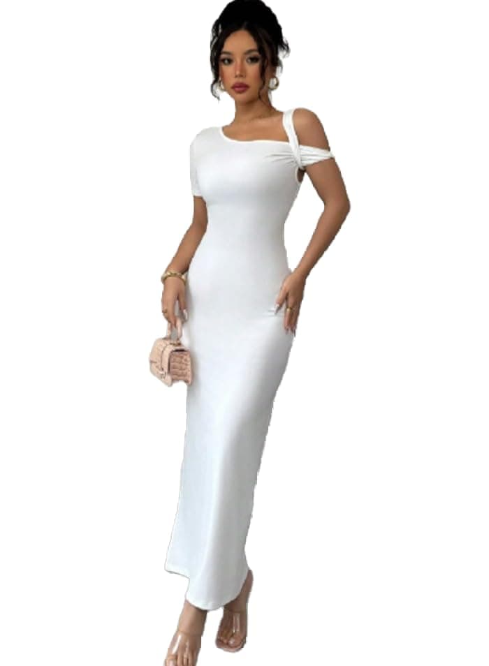 Women's New Arrival Solid Color Asymmetric Shoulder Bodycon Mini Dress