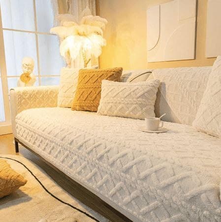 Generic 10-Piece Faux Fur Jacquard Bedding Set, Sofa and Chair Covers, Includes Large Sofa 190x90cm, Small Sofa 145x90cm, 2 Chairs 80x80cm, 6 Cushion Covers 50x50cm (off white) .flo Furniture cover