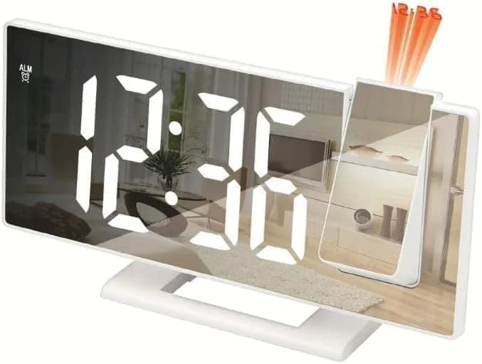 Projection Alarm Clock, Digital Clock with 180° Projector, Large LED Mirror Display, Time, Date, Temperature, 3 Brightness Levels and Snooze for Bedroom, Office and Home, White