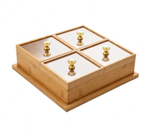 طبق تسالي خشبي مقسم 4 خانات بغطاء أكريليك | 4 separate panels, transparent cover, gold handles