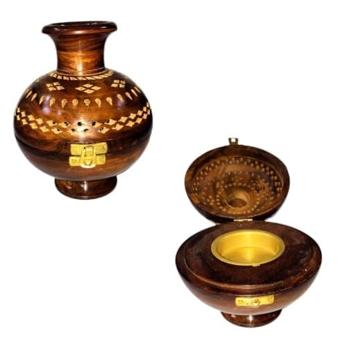 Sheesham Wood Incense Burner Vase Shape, 15x19 cm | Handmade, Brass Inner Cup, Hinged Lid, Inlay Carved Design, Glossy Finish Incense holder
