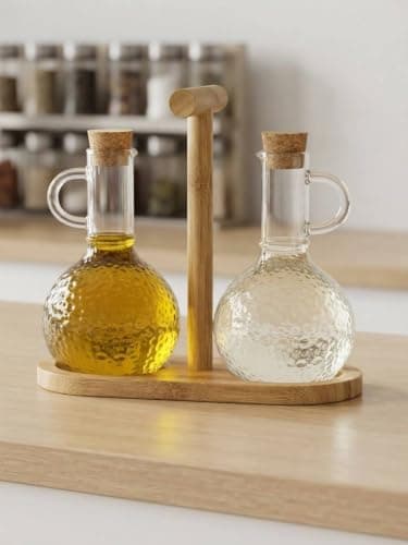 Generic 2-Piece Glass Oil and Vinegar Set, With Bamboo Wood Base, Oil and Vinegar Bottles, With Airtight Lids, Imported Product, .sn