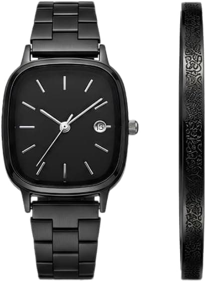Mens Watch Set with Stainless Steel Bracelet Ayatul Kursi Black | Stylish modern design, chair verse pattern, stainless steel, silver color, black face