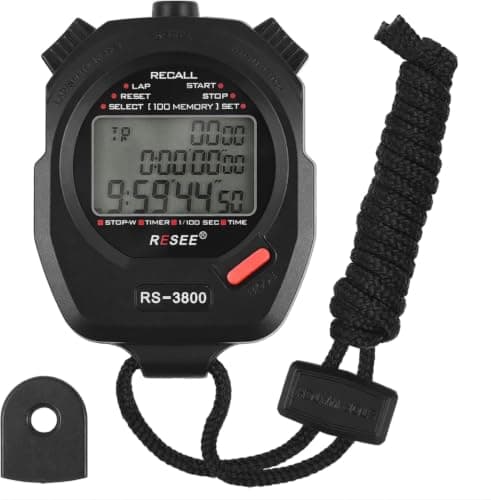RS-3800 Digital Sports Stopwatch 100 Lap Memory Multifunction LCD Display | 1/100 seconds resolution, built-in timer and clock, included carrying rope, recall mode, sport and training