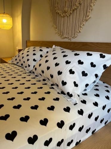 Generic Heart Print Fitted Sheet Set, White and Black, Cotton, 120cm, with 2 Pillowcases, .flo