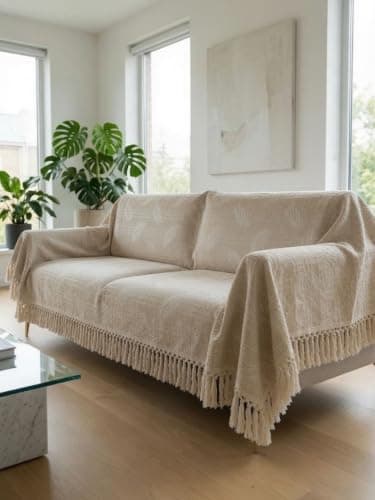 Generic Cotton Sofa Cover with Fringe, 300 x 200 cm, .ms