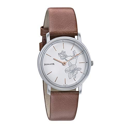 Sonata Watch for Women, Automatic Movement, Analog Display, Brown Leather Strap-NN87029SL01W