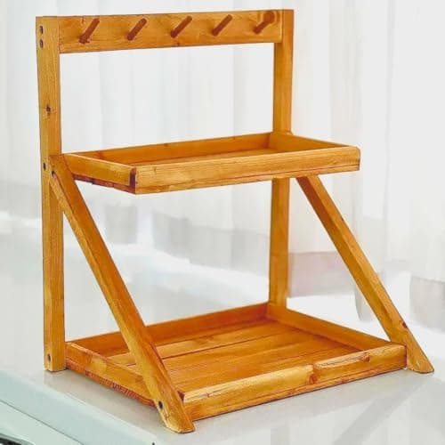 Generic Wooden Kitchen Organiser, 2-Tier Shelf with Hooks, Swedish Pine Wood, Coffee Station Storage, 50 x 40 x 25 cm Storage rack