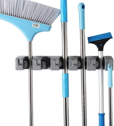 Wall Mounted Broom Holder 5 Slots 6 Hooks Cleaning Tool Organizer Storage