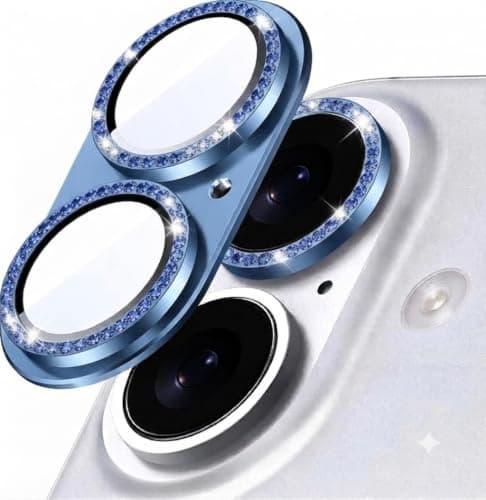 Camera Lens Protector (Compatible with iPhone 17) [Shatter-resistant] [Tempered glass frame and cover featuring a circular design studded with sparkling, diamond-like stones (Blue)