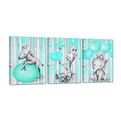 Zlove 3 Pieces Bubblegum Animal Canvas Wall Art Giraffe Zebra Elephant Teal Bubble Gum Animals Nursery Baby Room Bathroom Decor Art Stretched and Framed Ready to Hang 12x16inchx3pcs