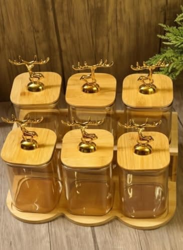 Glass Storage Jars with Wooden Lids and Golden Deer Handles, Set of 6 with Wooden Stand, Airtight Containers for Kitchen Food storage container