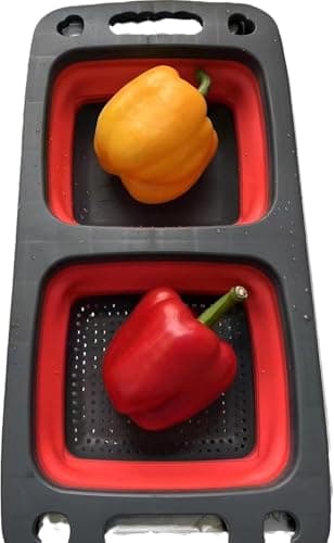 Silicone double sink strainer 2 in 1 foldable design with built in drain tray for washing vegetables and fruits and organizing kitchen sink space lightweight practical for everyday kitchen use Food strainer