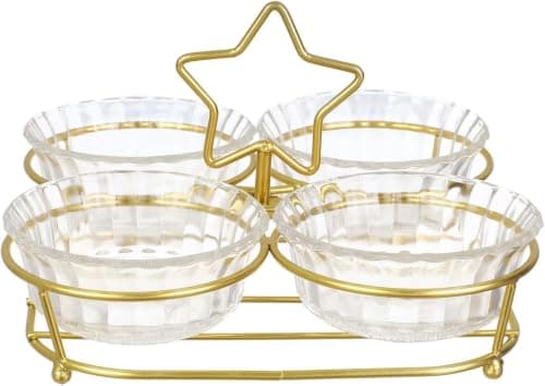 4 Compartment Glass and Gold Metal Serving Set for Snacks and Nuts