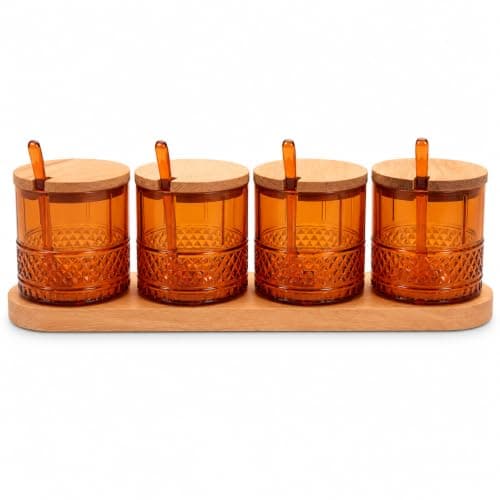 4-Piece Acrylic Storage Jar Set with Wooden Tray & Lids – Includes 4 Acrylic Spoons – Kitchen Containers for Sugar, Coffee, Tea & Spices (Amber Orange)