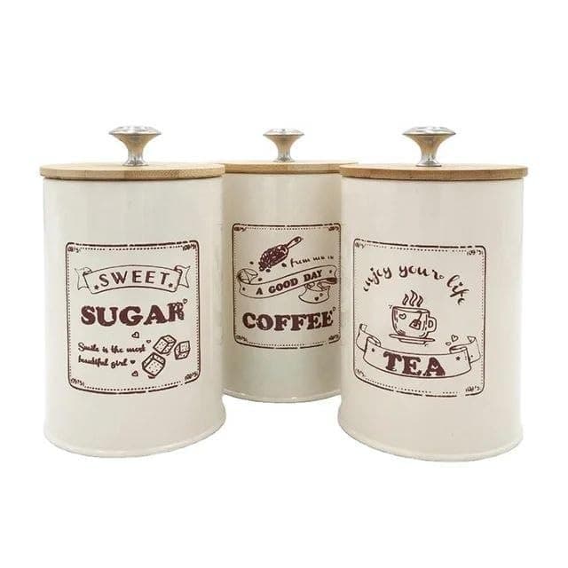 Generic Metal Tea Coffee Sugar Canister Set, Off-White, Wooden Lid with Metal Handle, Set of 3, .mk