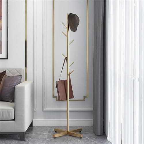 Stellar Stores Metal Freestanding Coat Rack with Meta Base Modern Stand Coat & Hat Hanger Stand Pole Entryway Organizer, Multifunction Rack for Coats Hats Bags Scarves Shirts (Gold) Clothes rack