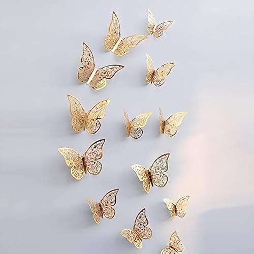 Wall Decor - 12-Piece 3D Butterfly Stickers Set in Vibrant Multi-Color, Silver, and Gold, Featuring Stunning 3D Butterfly Shapes for Elegant Home Accents and Decorative Beauty Sticker decal