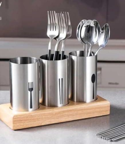 Generic 3-in-1 Stainless Steel Cutlery Drainer Organiser with Wooden Base, .go Caddy
