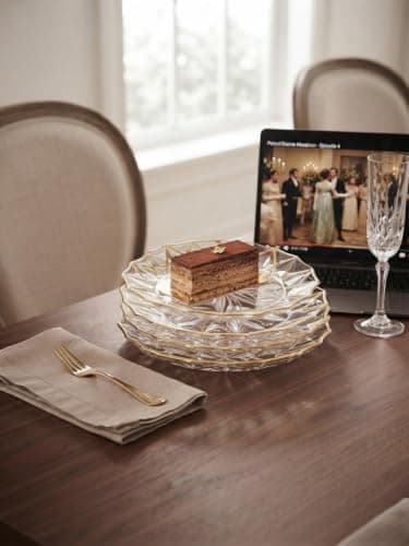 7-Piece Gold Design Cake Plate Set - 6 Dessert Plates and 1 Large Server Dishware bowl