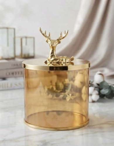 Generic Honey-colored Pure glass candy jar; heat and cold resistant, Bamboo wood lid topped with a gold deer figure, Height: 8 cm, .ri