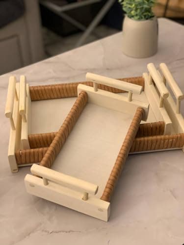 Generic Decorative Wooden Rattan Serving Tray Set, 3-Piece, Cream and Natural .soh