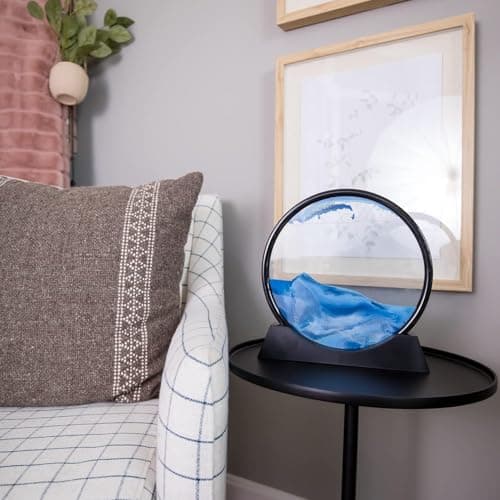Generic Moving Sand Art Display, 3D Deep Sea Kinetic Sculpture, Round Frame, Blue and White, 28 cm, Modern Tabletop Decor