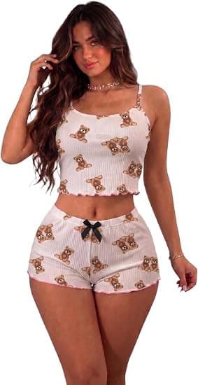 بيجامة هوت شورت نسائي قطن ريب مضلع ناعمة ومريحة (موديل Hn 1069 - مقاس موحد وان سايز يناسب حتى 80 كجم) – إطلالة لطيفة وعصرية | أزياء وملابس النوم النسائية Apparel